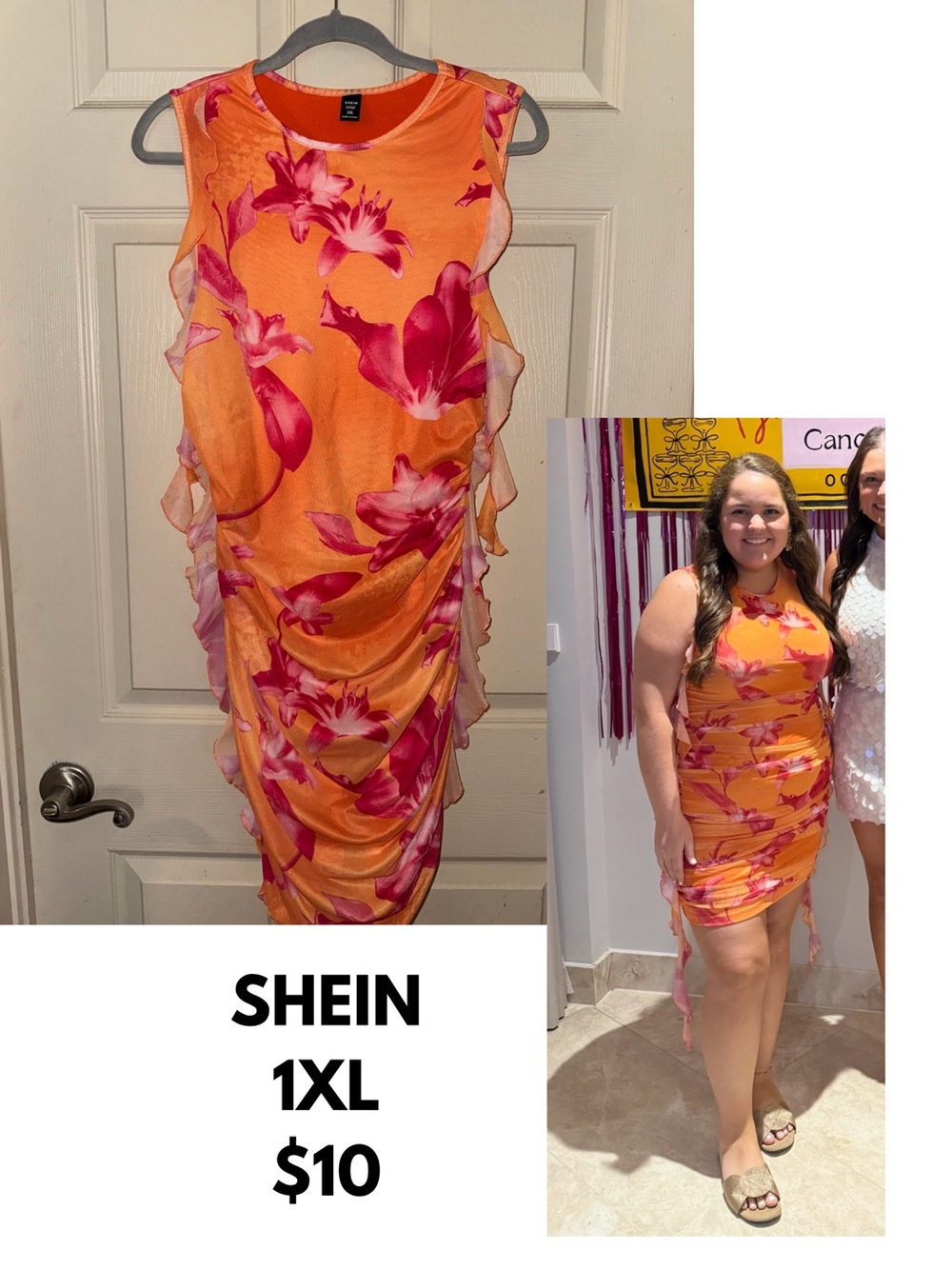 SHEIN Orange Floral Ruffle Ruched Dress